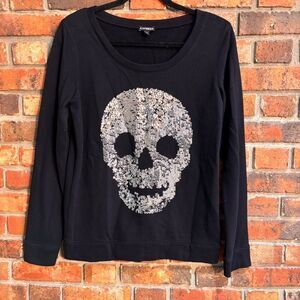 Express womens silver sequins skull sweatshirt black S